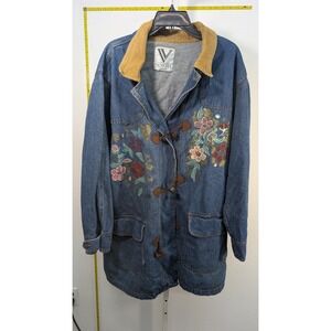 Venezia Vitale Denim Jacket Floral Painted Toggle Button‎ Corduroy Collar Blue